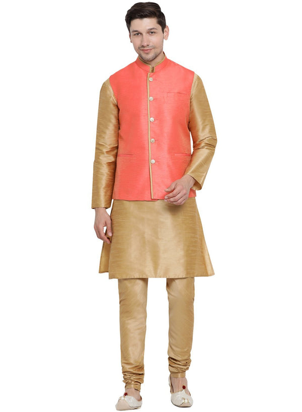 Jashvi Men's Gold Cotton Silk Blend Kurta, Ethnic Jacket and Pyjama Set