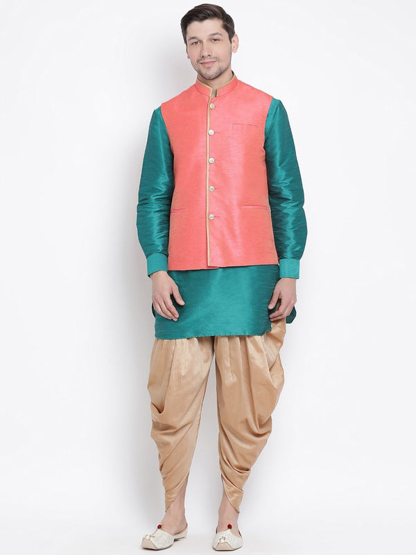 Men's Green Cotton Silk Blend Ethnic Jacket, Kurta and Dhoti Pant Set - Vastramay