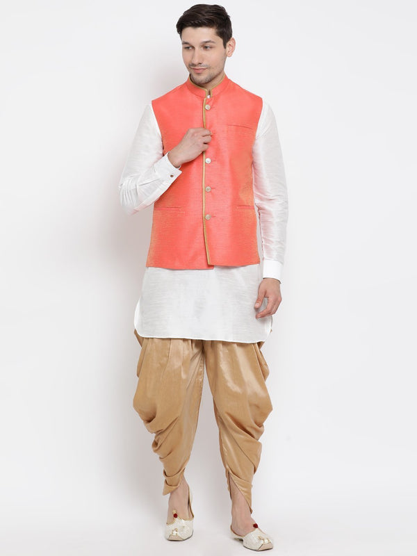 Men's White Cotton Silk Blend Ethnic Jacket, Kurta and Dhoti Pant Set - Vastramay