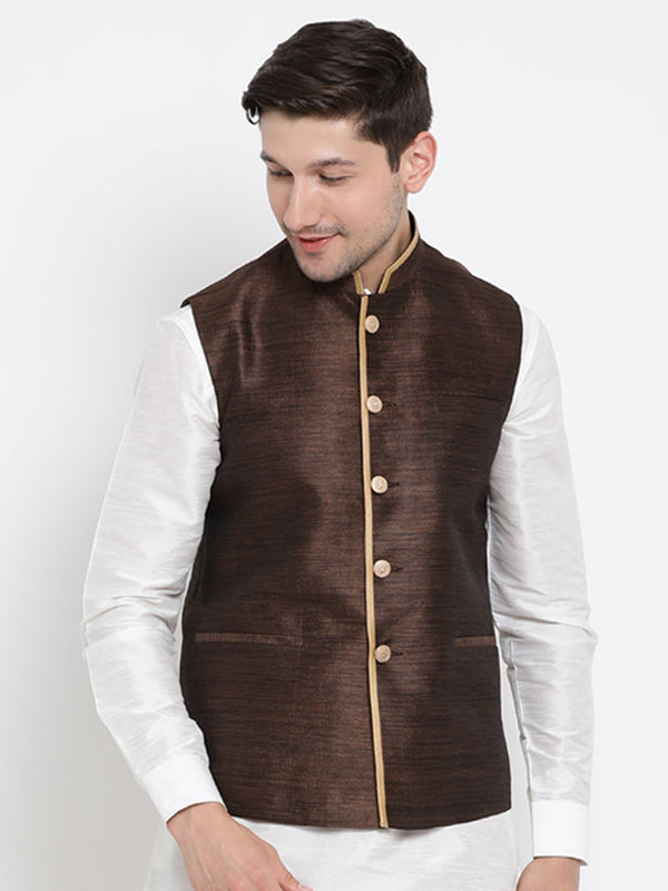 Men's Brown Cotton Silk Blend Ethnic Jacket - Vastramay