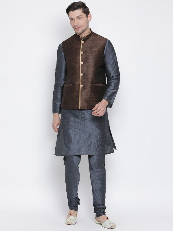 Men's Grey Cotton Silk Blend Kurta, Ethnic Jacket and Pyjama Set - Vastramay