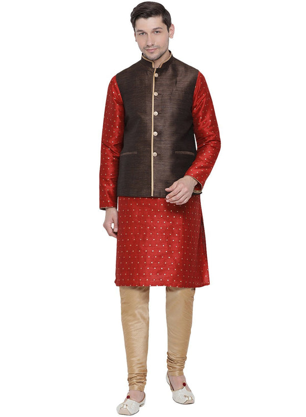 Jashvi Men's Maroon Cotton Silk Blend Kurta, Ethnic Jacket and Pyjama Set