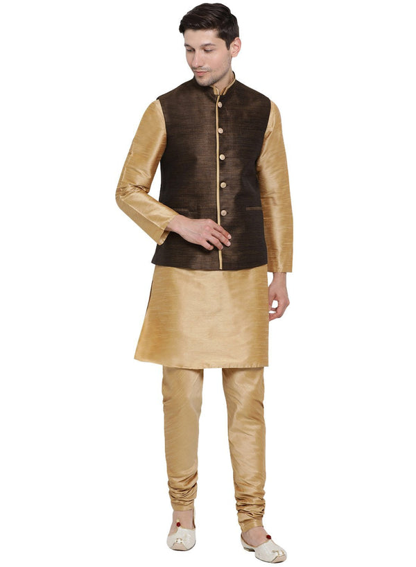 Jashvi Men's Gold Cotton Silk Blend Kurta, Ethnic Jacket and Pyjama Set