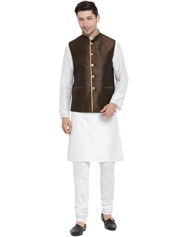 Jashvi Men's White Cotton Silk Blend Kurta, Ethnic Jacket and Pyjama Set