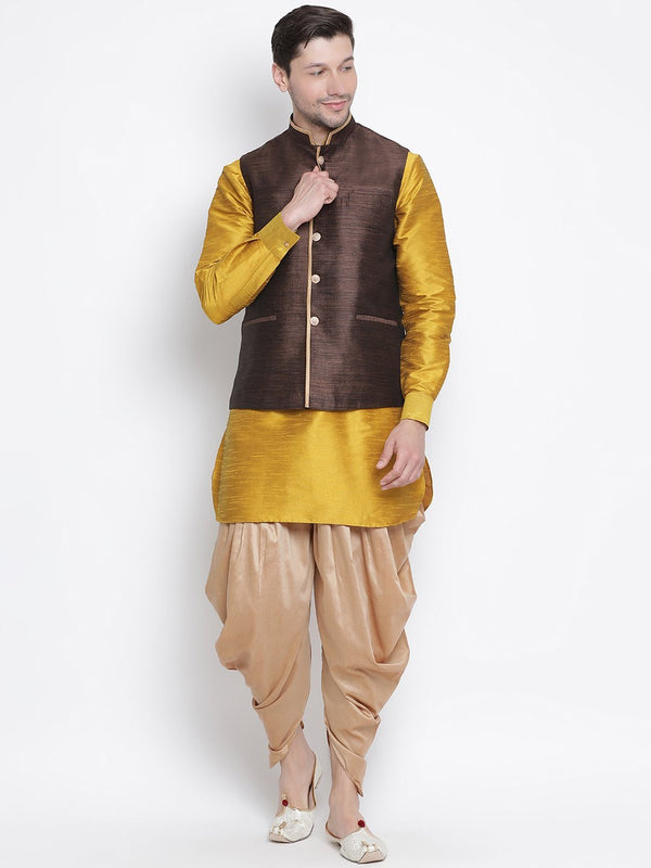 Men's Yellow Cotton Silk Blend Ethnic Jacket, Kurta and Dhoti Pant Set - Vastramay