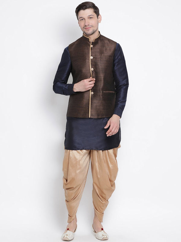 Men's Dark Blue Cotton Silk Blend Ethnic Jacket, Kurta and Dhoti Pant Set - Vastramay