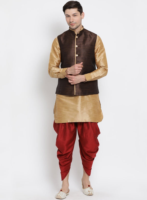 Men's Gold Cotton Silk Blend Ethnic Jacket, Kurta and Dhoti Pant Set - Vastramay