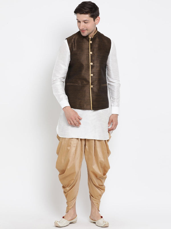 Men's White Cotton Silk Blend Ethnic Jacket, Kurta and Dhoti Pant Set - Vastramay