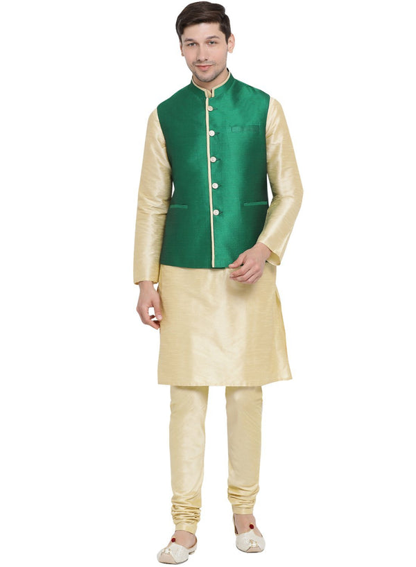 Jashvi Men's Gold Cotton Silk Blend Kurta, Ethnic Jacket and Pyjama Set