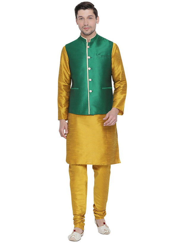 Jashvi Men's Yellow Cotton Silk Blend Kurta, Ethnic Jacket and Pyjama Set