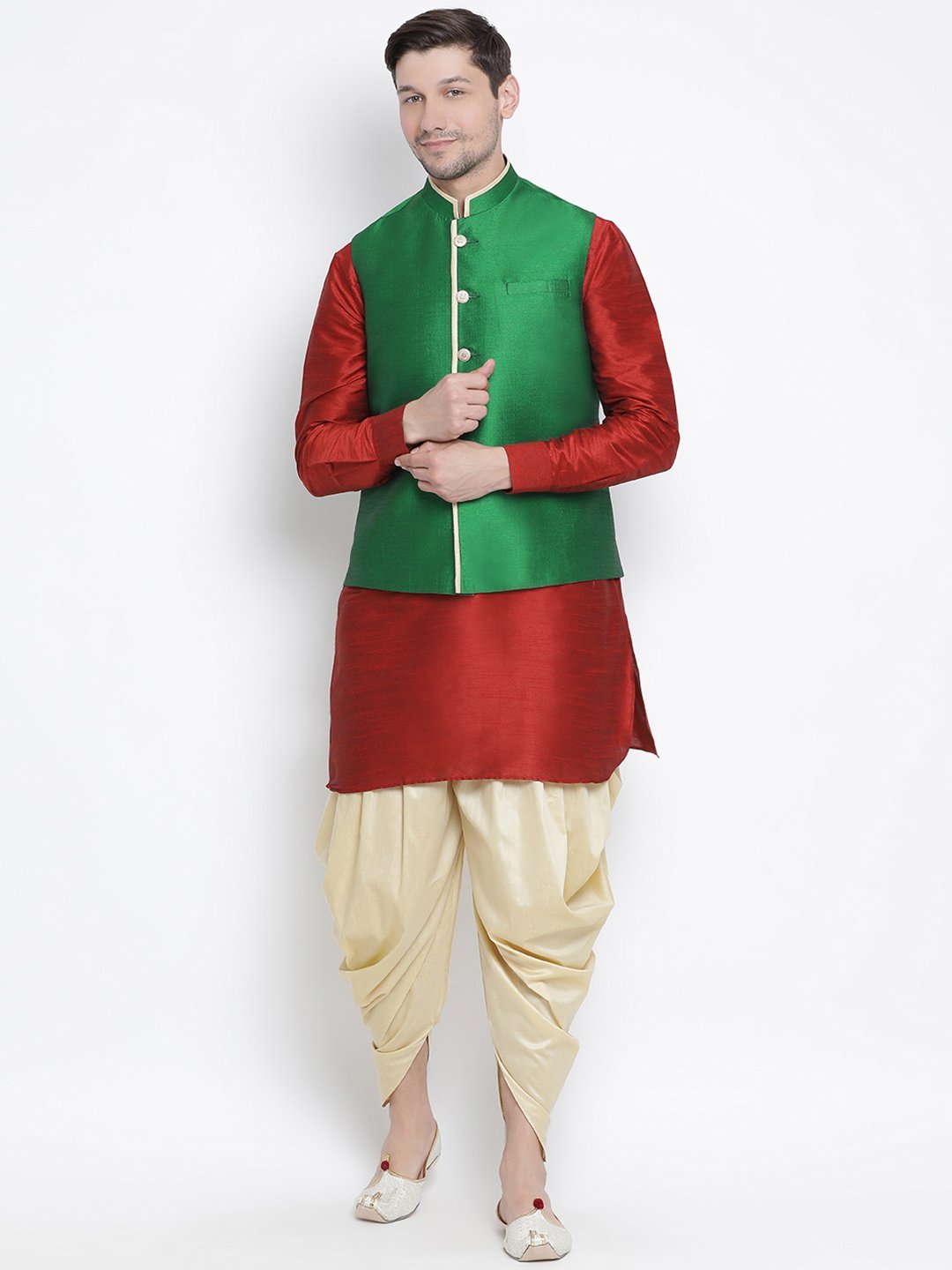 Men's Maroon Cotton Silk Blend Ethnic Jacket, Kurta and Dhoti Pant Set