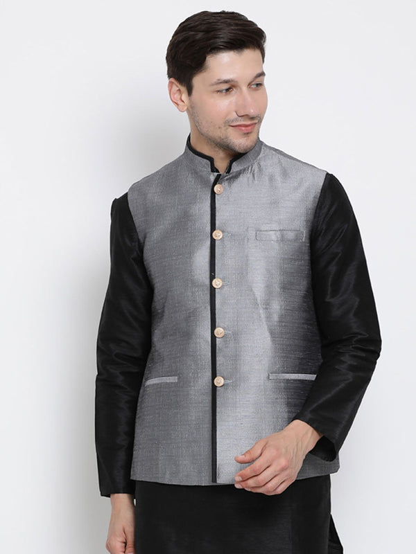 Men's Grey Cotton Silk Blend Ethnic Jacket - Vastramay