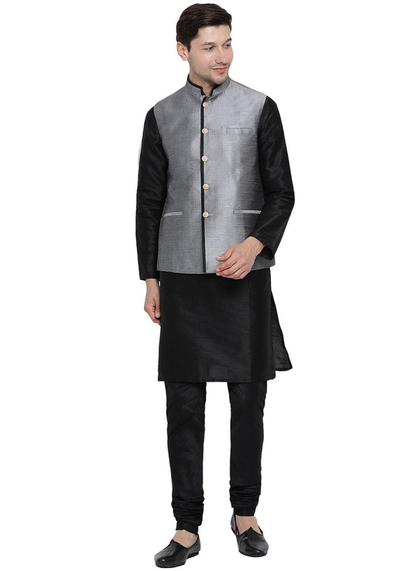 Jashvi Men's Black Cotton Silk Blend Kurta, Ethnic Jacket and Pyjama Set