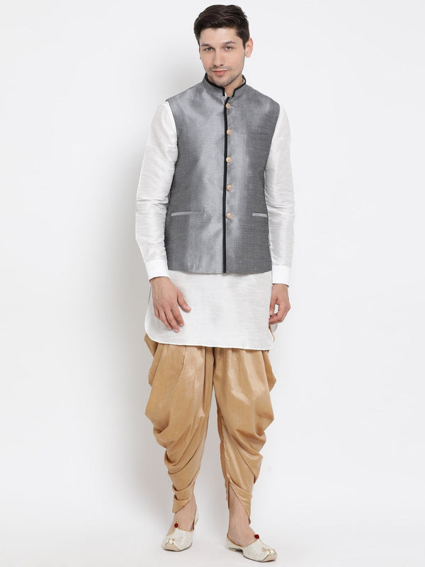 Men's White Cotton Silk Blend Ethnic Jacket, Kurta and Dhoti Pant Set - Vastramay