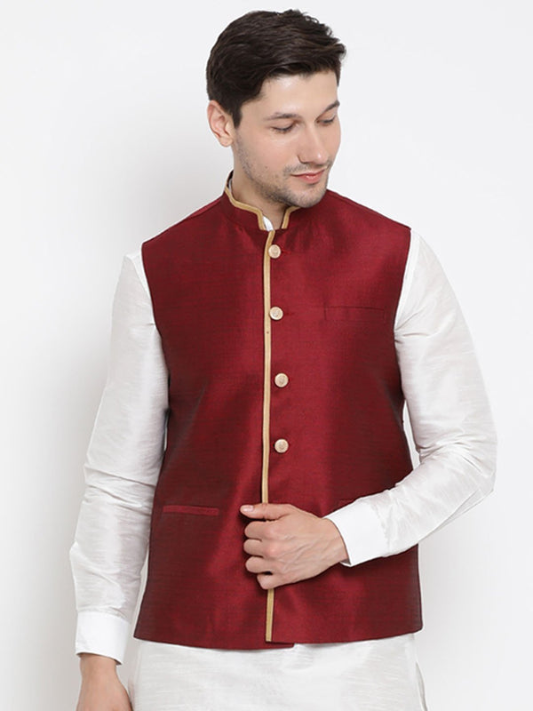 Men's Maroon Cotton Silk Blend Ethnic Jacket - Vastramay