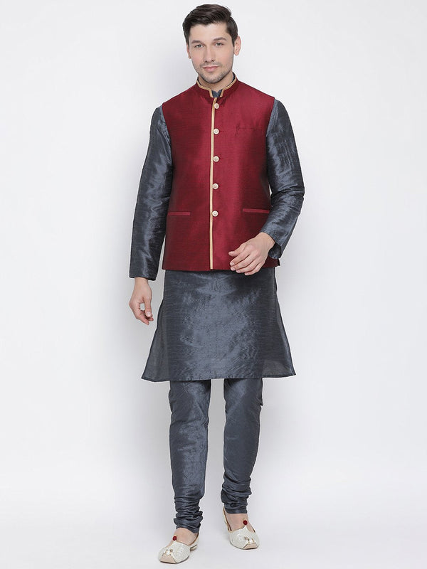 Jashvi Men's Grey Cotton Silk Blend Kurta, Ethnic Jacket and Pyjama Set