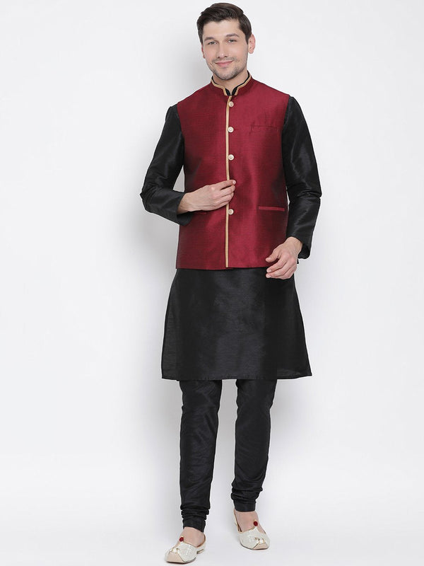 Jashvi Men's Black Cotton Silk Blend Kurta, Ethnic Jacket and Pyjama Set