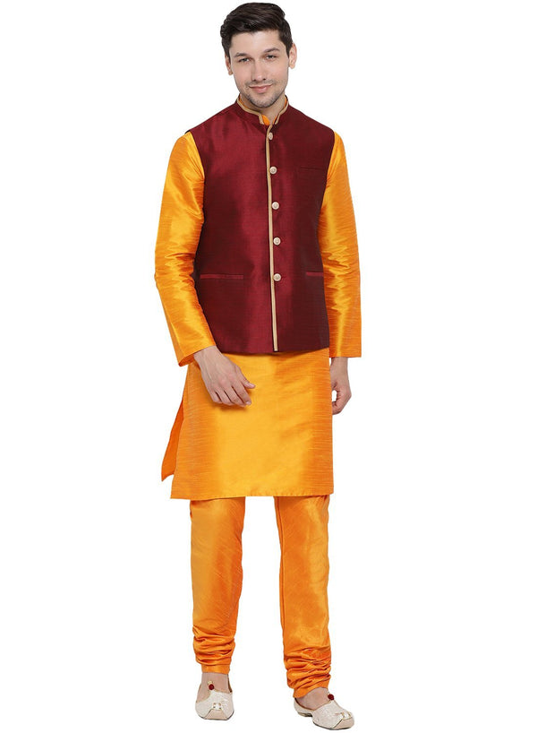 Jashvi Men's Orange Cotton Silk Blend Kurta, Ethnic Jacket and Pyjama Set