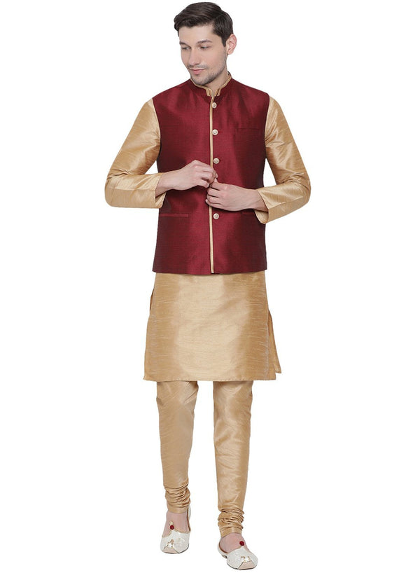 Jashvi Men's Gold Cotton Silk Blend Kurta, Ethnic Jacket and Pyjama Set