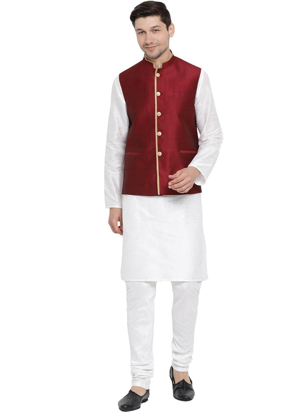 Jashvi Men's White Cotton Silk Blend Kurta, Ethnic Jacket and Pyjama Set