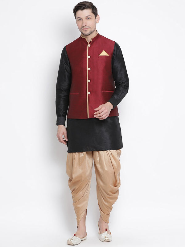 Men's Black Cotton Silk Blend Ethnic Jacket, Kurta and Dhoti Pant Set - Vastramay