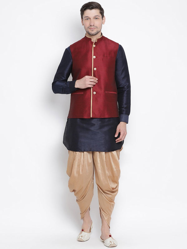 Men's Dark Blue Cotton Silk Blend Ethnic Jacket, Kurta and Dhoti Pant Set - Vastramay