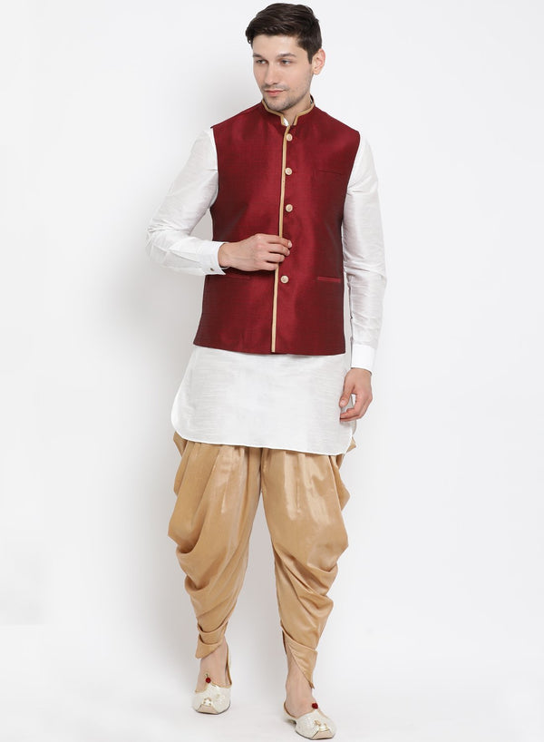 Men's White Cotton Silk Blend Ethnic Jacket, Kurta and Dhoti Pant Set - Vastramay