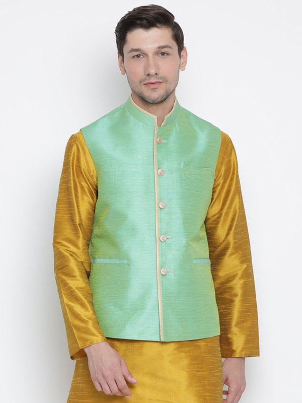 Men's Green Cotton Silk Blend Ethnic Jacket - Vastramay