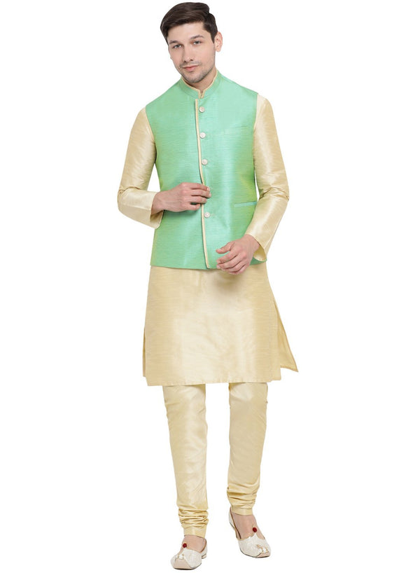 Men's Gold Cotton Silk Blend Kurta, Ethnic Jacket and Pyjama Set