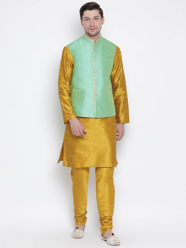 Jashvi Men's Yellow Cotton Silk Blend Kurta, Nehru Jacket and Pyjama Set