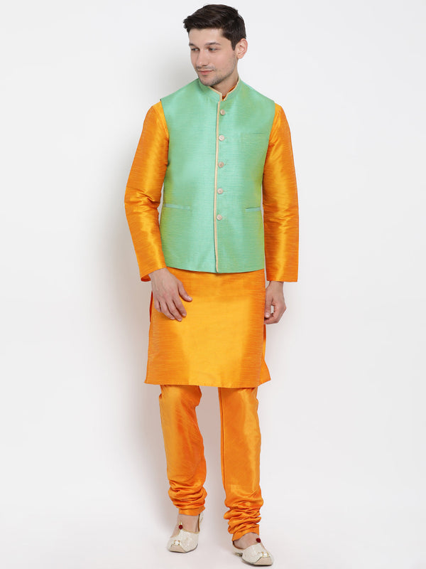 Jashvi Men's Orange Cotton Silk Blend Kurta, Ethnic Jacket and Pyjama Set