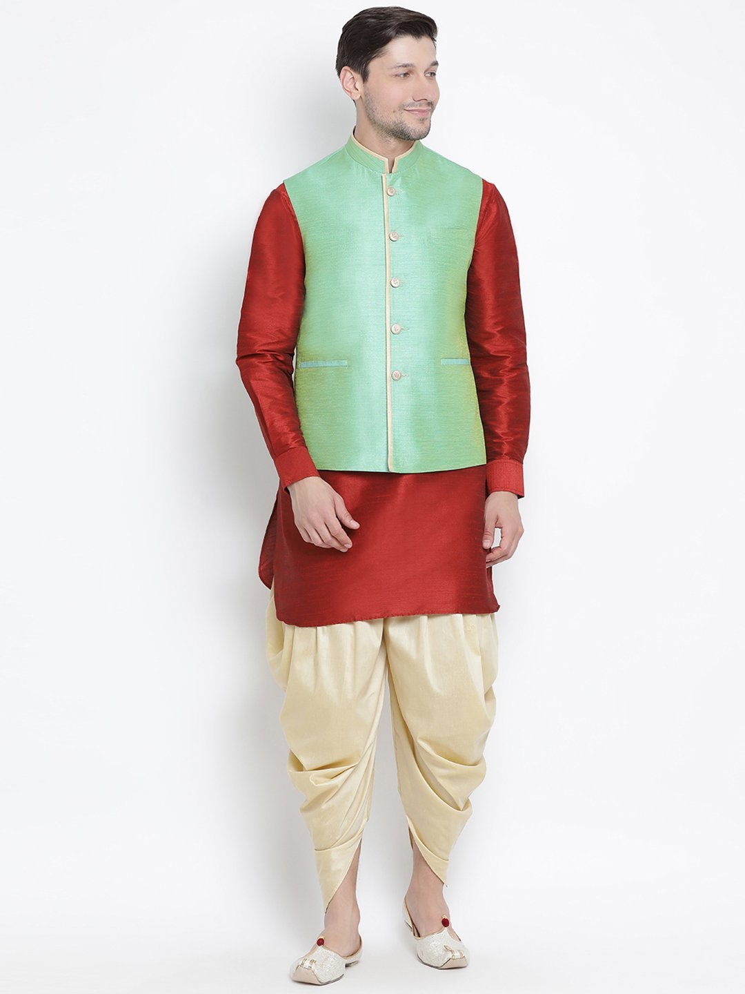 Men's Maroon Cotton Silk Blend Ethnic Jacket, Kurta and Dhoti Pant Set