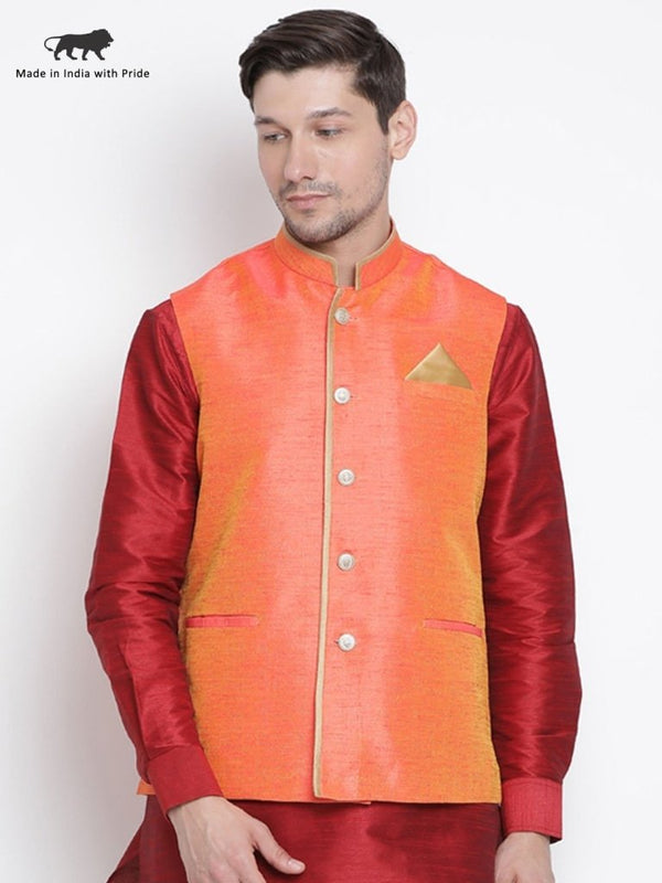 Men's Orange Cotton Silk Blend Ethnic Jacket - Vastramay