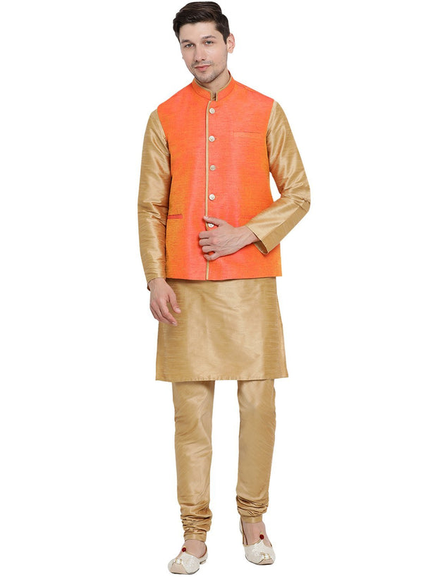 Jashvi Men's Gold Cotton Silk Blend Kurta, Ethnic Jacket and Pyjama Set