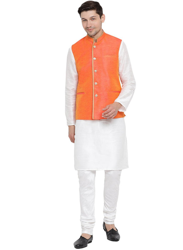 Men's White Cotton Silk Blend Kurta, Ethnic Jacket and Pyjama Set