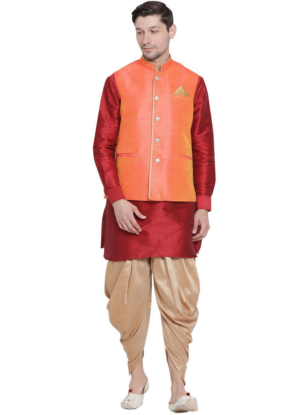 Men's Maroon Cotton Silk Blend Ethnic Jacket, Kurta and Dhoti Pant Set - Vastramay