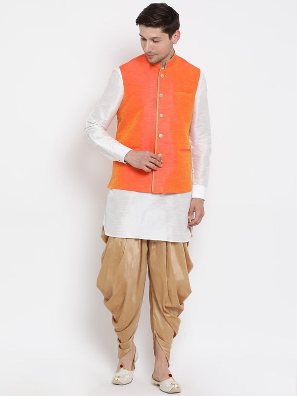 Men's White Cotton Silk Blend Ethnic Jacket, Kurta and Dhoti Pant Set - Vastramay