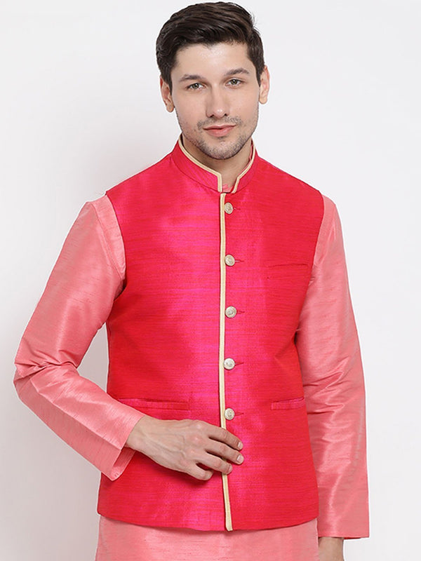 Men's Pink Cotton Silk Blend Ethnic Jacket - Vastramay