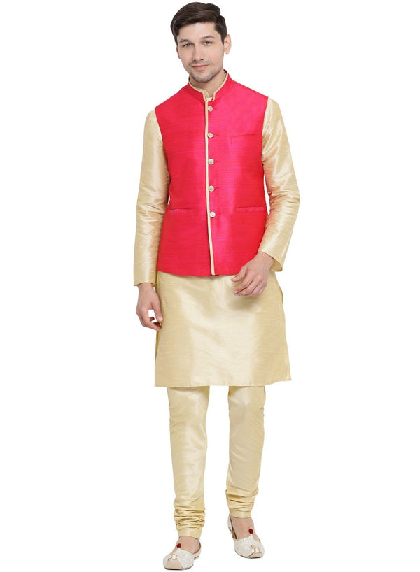 Jashvi Men's Gold Cotton Silk Blend Kurta, Pink Ethnic Jacket and Pyjama Set