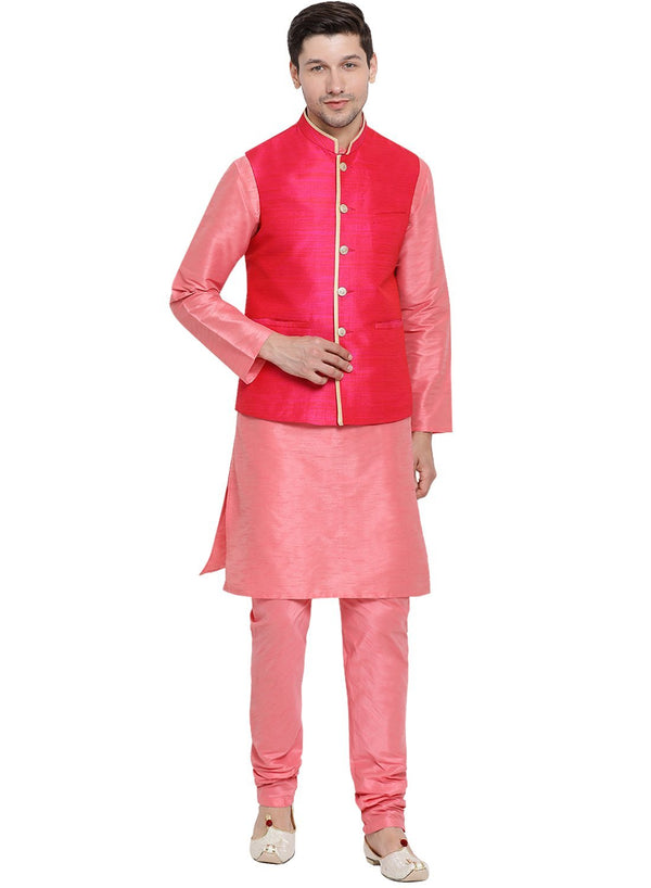 Jashvi Men's Pink Cotton Silk Blend Kurta, Ethnic Jacket and Pyjama Set