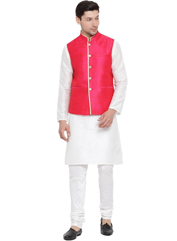 Jashvi Men's White Cotton Silk Blend Kurta, Pink Ethnic Jacket and Pyjama Set