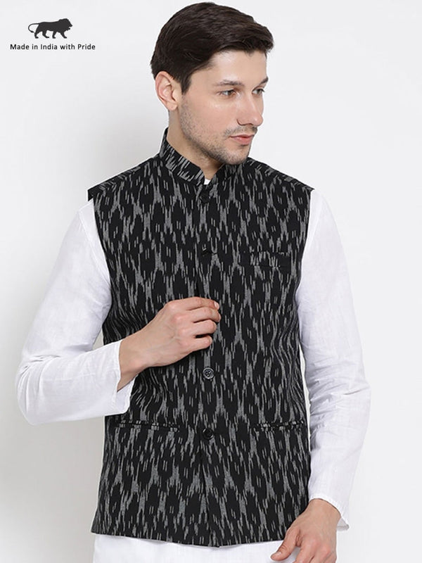 Jashvi Men's Black Cotton Ethnic Jacket