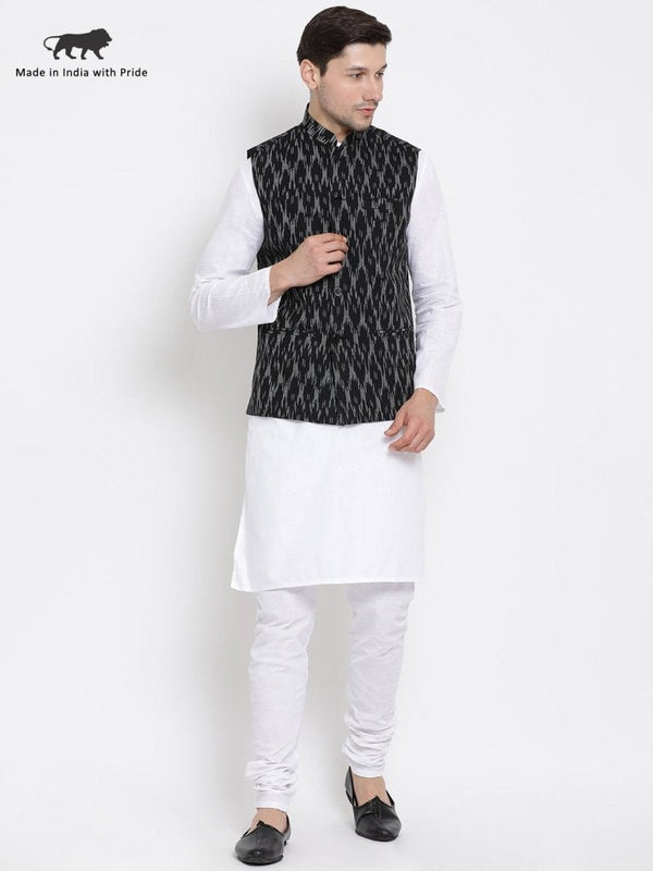 Men's White Cotton Kurta, Ethnic Jacket and Pyjama Set - Vastramay