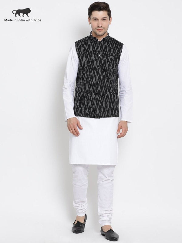 Men's White Cotton Kurta, Ethnic Jacket and Pyjama Set - Vastramay