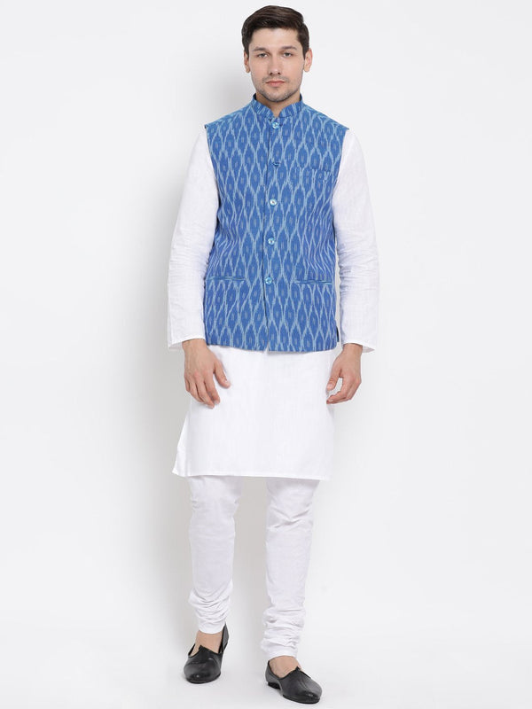 Jashvi Men's White Cotton Kurta, Blue Ethnic Jacket and Pyjama Set