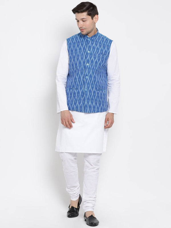 Men's White Cotton Kurta, Ethnic Jacket and Pyjama Set - Vastramay