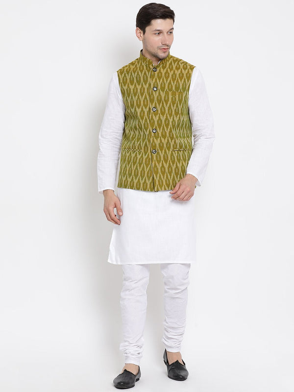 Jashvi Men's White Cotton Kurta, Ethnic Jacket and Pyjama Set