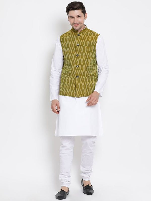 Jashvi Men's White Cotton Kurta, Ethnic Jacket and Pyjama Set