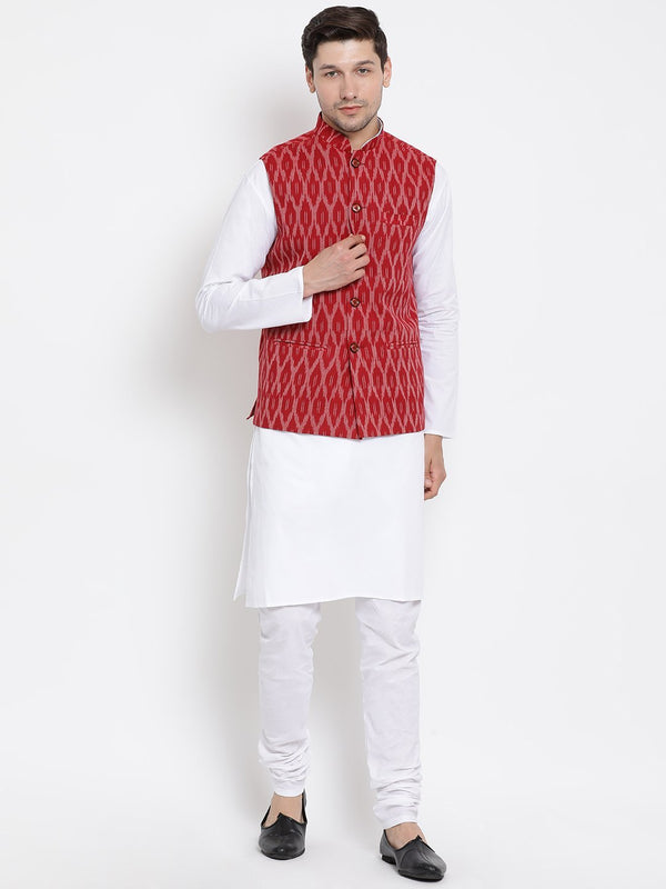 Men's Maroon Cotton Blend Kurta, Ethnic Jacket and Pyjama Set