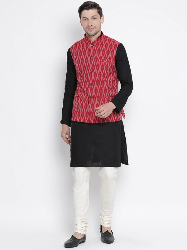 Jashvi Men's Black Cotton Kurta, Ethnic Jacket and Pyjama Set